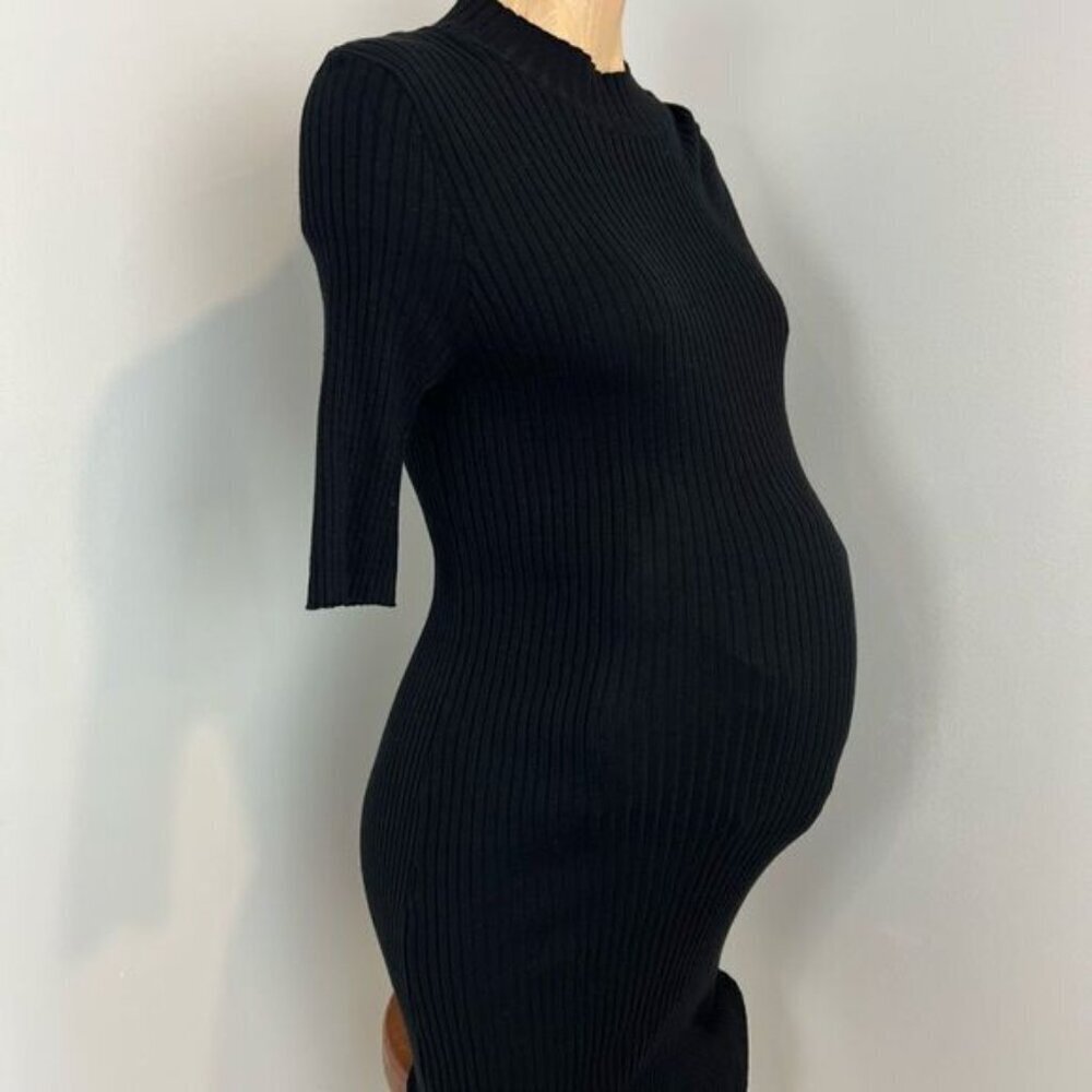 Rose Maternite Medium Maternity Pregnancy Stretch Black Midi Dress Ribbed - Picture 8 of 9